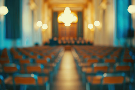 Blurred view of a professional conference setup with chairs, stage, and lighting.の素材