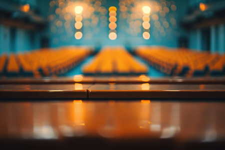 Blurred auditorium with rows of seats in a conference hall, ready for seminar.の素材