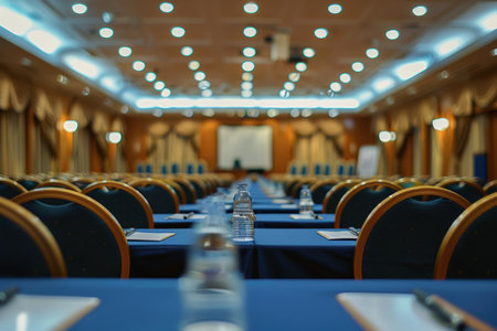 Blurred view of a professional conference setup with chairs, stage, and lighting.の素材