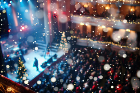 Magical Christmas concert with blurred lights, decorations, and joyful music.の素材