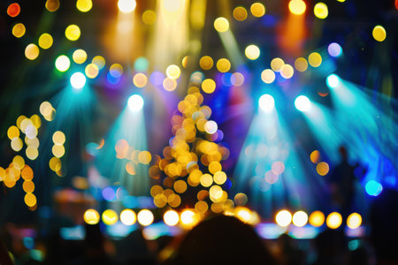 Festive Christmas concert with blurred stage, glowing decorations, and holiday magic.の素材