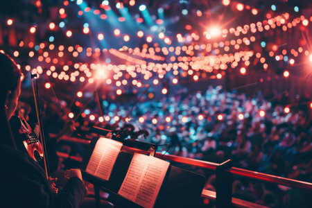 Softly lit blurred Christmas concert background, featuring a glowing stage and holiday spirit.の素材