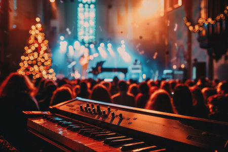 Christmas concert scene with blurred lights, cheerful decorations, and a cozy holiday feel.の素材