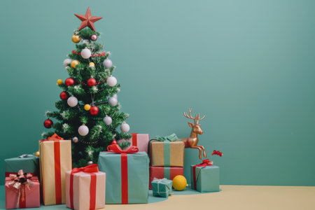 A cozy Christmas corner with a glowing tree, gifts, and warm fireplace.の素材