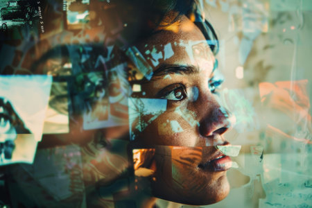 A face dissolving into fractal patterns, symbolizing the complexity of identityの素材