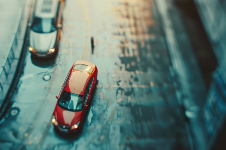 Blurry night view of cars parked in an open lot with soft glowing lights.の素材