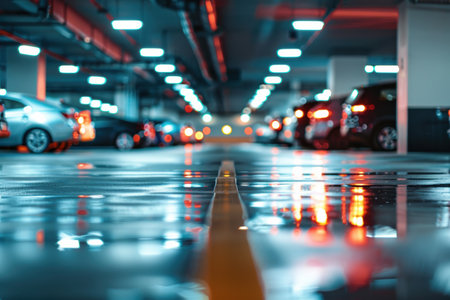 Blurred image of a car parking lot illuminated by soft yellow streetlights.の素材