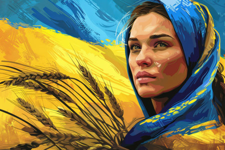 young Ukrainian woman in a wheat field wrapped in the Ukrainian flag.の素材
