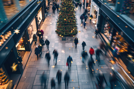 Blurred busy shopping mall with glowing Christmas lights and festive decor.の素材