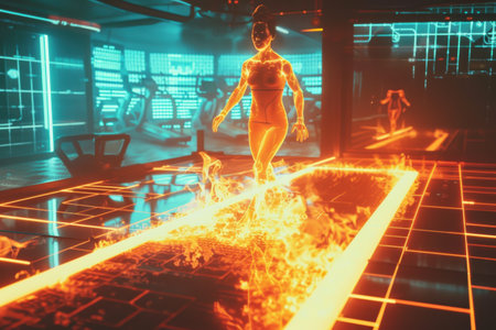 Flames burning a body silhouette, symbolizing the concept of fat burning.の素材