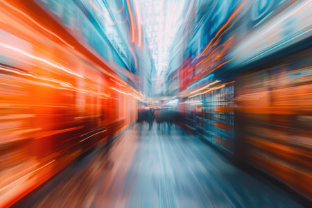 Blurred supermarket aisle with colorful shelves and bright lighting.の素材