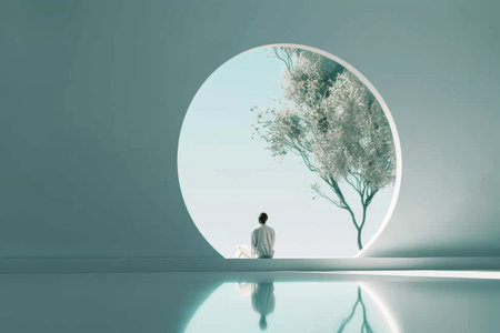 A surreal image showcasing cosmic introspection, where the balance between spirituality and human emotion symbolizes the search for life's meaning.の素材