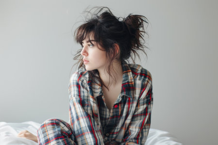 A thoughtful woman in comfortable pajamas on a white background, ideal for wellness themes.の素材