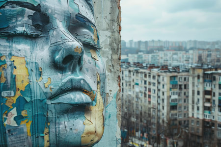 Concept of post-war trauma, symbolized by yellow and blue elements, emotional impact.の素材