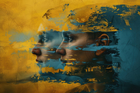 Emotional symbolism of post-war trauma, with yellow and blue tones reflecting deep pain.の素材