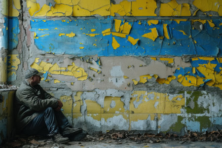 person in emotional distress under yellow and blue Ukrainian flag.の素材