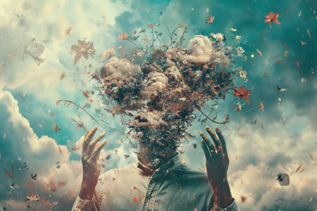 A person in deep thought surrounded by symbols of support and hope.の素材