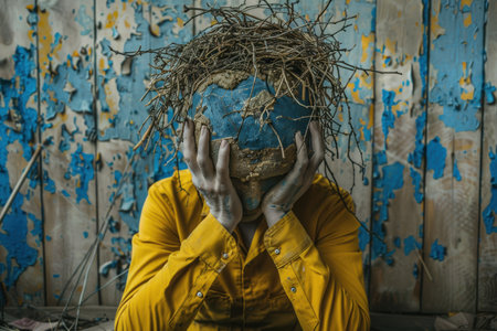 person in emotional distress under yellow and blue Ukrainian flag.の素材