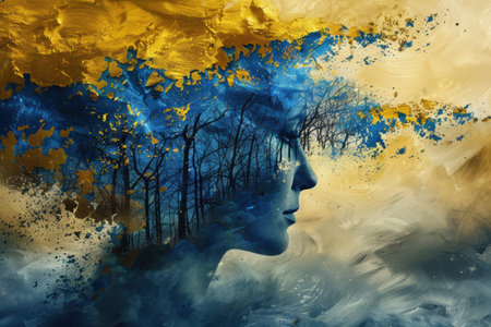 Concept of post-war trauma, symbolized by yellow and blue elements, emotional impact.の素材
