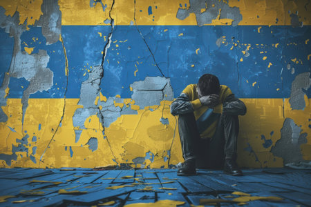 person in emotional distress under yellow and blue Ukrainian flag.の素材