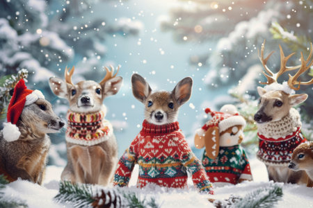 Adorable winter animals in cozy sweaters celebrating Christmas, navy blue tones.の素材