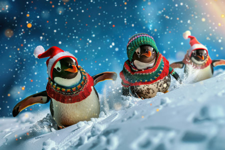 Whimsical Arctic animals in Christmas sweaters under the starry navy blue skyの素材