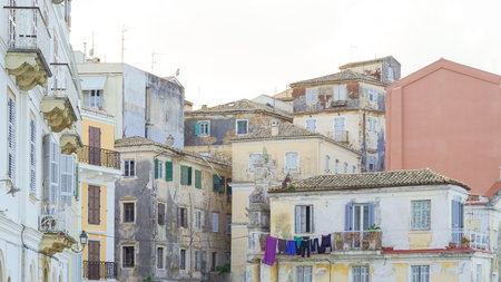 Rustic old European buildings in a historic town with cultural vibes.の写真素材