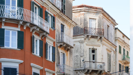 Old European buildings in a quaint old town street with cobblestones and charmの写真素材