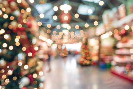 Blurred Christmas-themed toy factory, Santa's magical workspace glowing.の素材