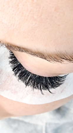 Close up of eye with eyelash extensions,beauty salon treatment,2d volume, 3d volume, classical lashes,Russian volume,megavolume, new set. High quality photoの写真素材