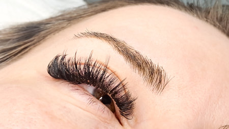 Close up of eye with eyelash extensions,beauty salon treatment,2d volume, 3d volume, classical lashes,Russian volume,megavolume, new set. High quality photoの写真素材