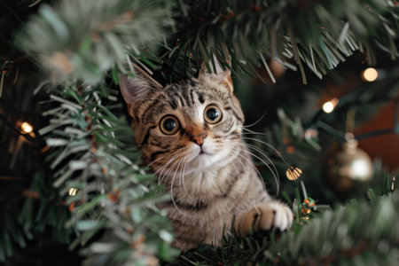 Hyperactive cat tangled in glowing holiday lights, festive and colorful moment.の素材