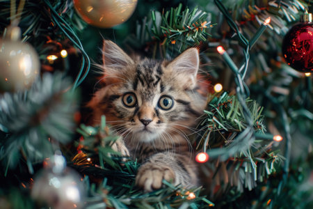 Hyperactive cat with big eyes tangled in Christmas tree lights, playful scene.の素材