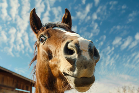Scenic view of a horse farm with grazing horses under a clear blue skyの素材