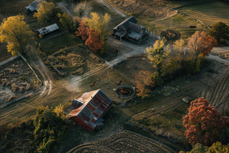 A rustic horse farm with an old wooden barn and horses grazing on green pastures.の素材