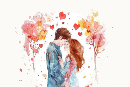 Sweet cartoon-style illustration of a couple in love on a white background.の素材