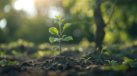 young tree growing in soil, representing life, sustainability, and earth care..の素材