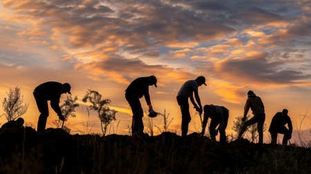 Group of volunteers planting trees to restore the environmentの素材