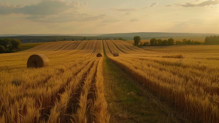 Golden Ukrainian wheat field at sunset, vast farmland in nature.の素材