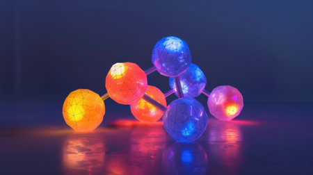 3D molecular visualization of enzyme protein binding in glowing lab setup.の素材