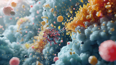 High-tech 3D enzyme protein bond visualization, glowing vibrant molecules.の素材