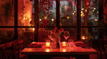 Elegant Valentine's dinner table with romantic candles and floral decor.の素材