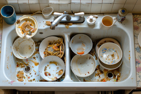 Messy kitchen sink clogged with dirty plates, greasy water, and leftover food scraps.の素材