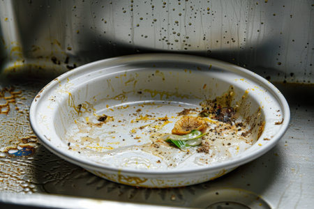 A white kitchen sink filled with dirty dishes and food scraps creating a mess.の素材