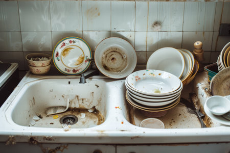 Messy kitchen sink clogged with dirty plates, greasy water, and leftover food scraps.の素材