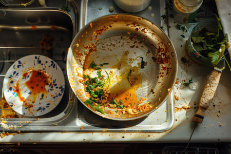 Messy white kitchen sink packed with unwashed dishes and leftover food scraps.の素材