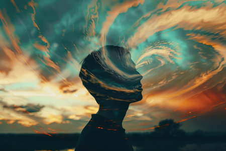 Conceptual visual of introspection showing calm reflection and inner balance.の素材