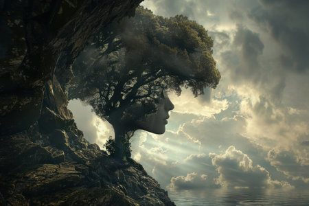 Self-awareness and introspection concept showing calm and reflective thinkingの素材