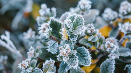 Hoarfrost-coated berries, icy texture highlights vibrant colors in winterの素材