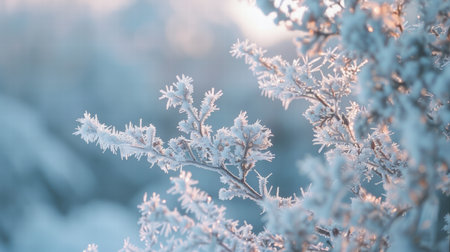 Hoarfrost covering grass blades, forming geometric icy shapes in sunlightの素材